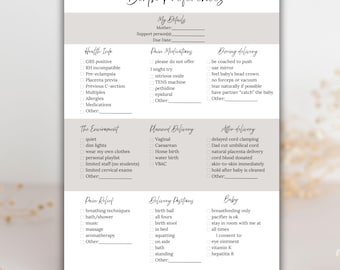 May include: A printed birth preferences checklist with sections for health information, pain medications, delivery preferences, and baby care. The document includes checkboxes and lines for personalized details.