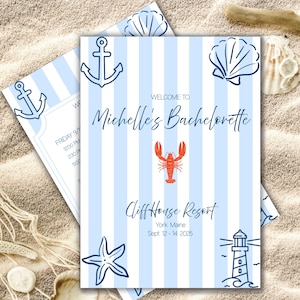 Coastal bachelorette invitation and itinerary, Cape cod beach, Maine nautical, elegant editable Canva template