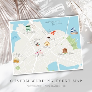 May include: A custom wedding event map of Portsmouth, New Hampshire, featuring illustrated landmarks like AC Marriott Hotel, The Music Hall, and Strawberry Banke Museum. The map is light blue and white with decorative elements.