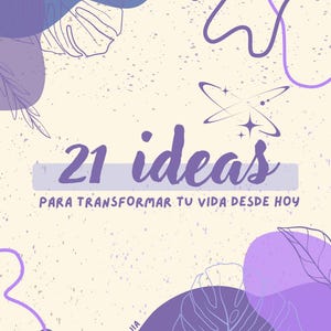 Op de afbeelding: Een digitale kunstprint met een crèmekleurige achtergrond en paarse accenten. De tekst "21 ideas" is prominent weergegeven in een gestileerd paars lettertype, met extra tekst in het Spaans. Decoratieve blad- en lijnkunst elementen omlijsten de tekst.