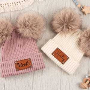 Personalized Kids Winter Beanie,Custom Name Baby Beanie, Engraved Leather Patch Pompom Beanie, Kids Christmas Gift, Adults Beanies Hat
