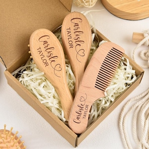 パーソナライズされた木製ベビーヘアブラシセット、ベビーシャワーギフト、名前入りカスタムベビーブラシ、ベビー記念品ギフト、女の子男の子向けベビーギフト