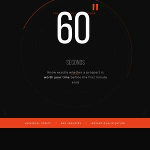 May include: A black graphic design featuring the large white number 60, the text "SECONDS", and the phrase "Know exactly whether a prospect is worth your time before the first minute ends." An orange bar at the bottom reads "UNIVERSAL SCRIPT • ANY INDUSTRY • INSTANT QUALIFICATION."