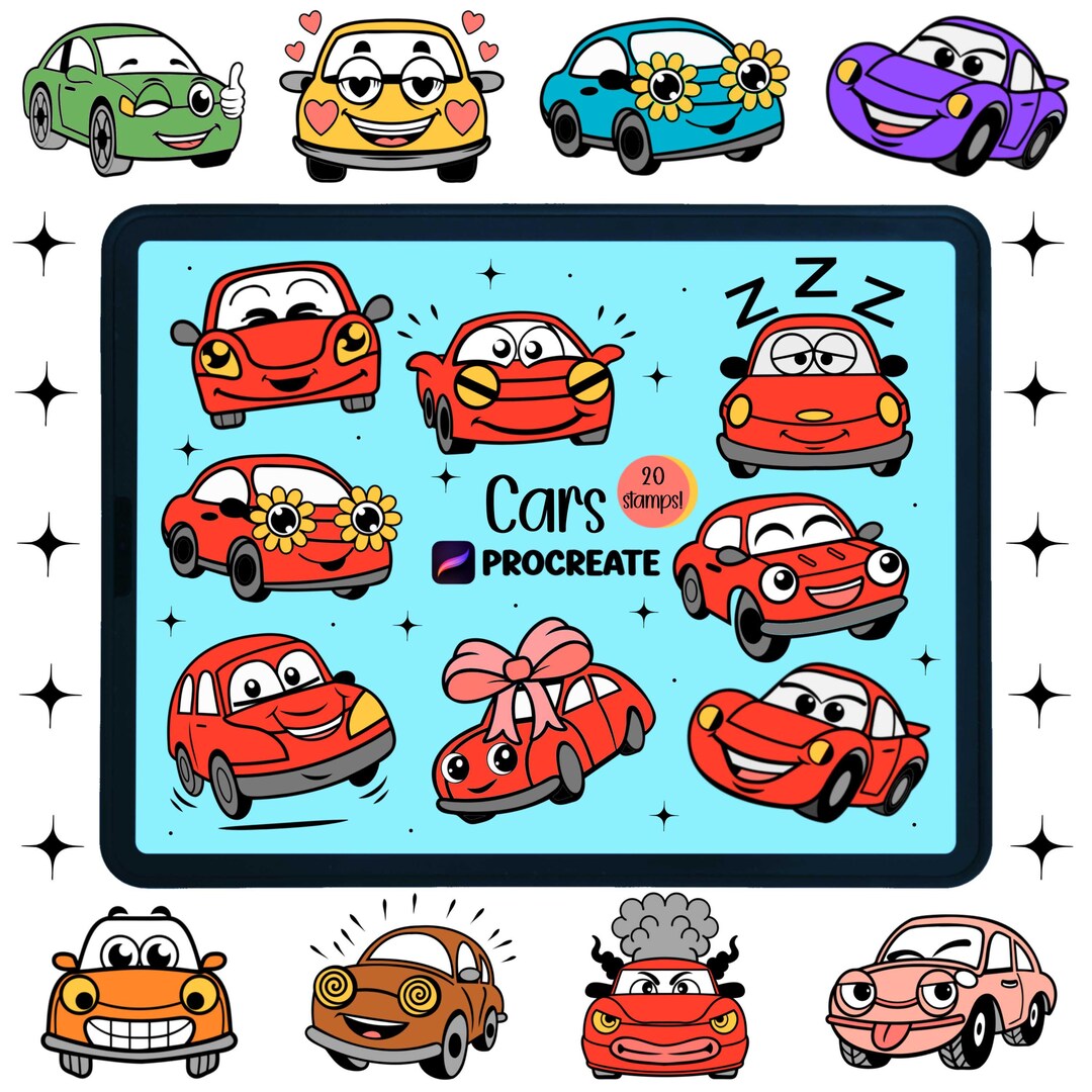 Procreate Car Stamp Brush Set | Cartoon Car Stamps | Kawaii Vehicle ...