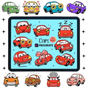 Juego de pinceles para sellos de coches de Procreate / Pinceles para sellos de coches de Procreate / Sellos de vehículos de dibujos animados de Procreate / Paquete de sellos de Procreate / Dibujos a mano kawaii