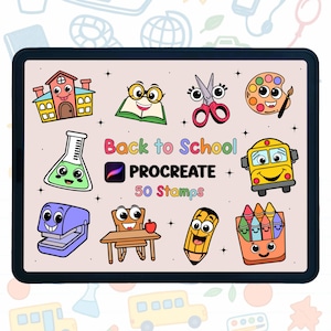 Peut inclure: Illustration numérique de tampons sur le thème de l'école pour Procreate. Les tampons comprennent une école, un livre ouvert, des ciseaux, une palette de peinture, un bécher, un bus scolaire, une agrafeuse, un bureau avec une pomme, un crayon et une boîte de crayons. Le texte indique "Back to School PROCREATE 50 Stamps."