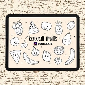 Kawaii Fruit Procreate Stamp Brush Set | Cute Food Doodle Clipart Icons | Hand Drawn Digital Brush Pack