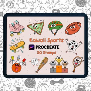 Procreate Sports Stamp Brush Set | Sports Procreate Stamps Brushes | Fitness Digital Stamps | Gym Clipart | Kawaii Hand Drawn Sports Icons
