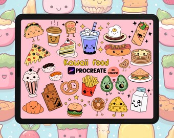 Kawaii Food Procreate-stempel | Schattige doodle-clipart voor procreate | Procreate-borstelset voor voedselstempels | Doodle voedseltekening | Digitaal postzegelpakket