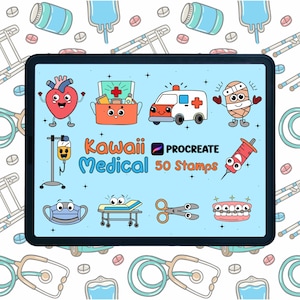 Peut inclure: Illustration numérique sur une tablette avec des tampons Kawaii Medical pour Procreate. Les tampons incluent un cœur souriant, une trousse de premiers soins, une ambulance, un personnage bandé, une perfusion, un masque facial, une civière, des ciseaux, des dents et une seringue.