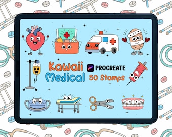 Sellos médicos kawaii para Procreate / Pinceles para sellos médicos para Procreate / Clipart médico dibujado a mano / Sello de doctor / Iconos de médicos y enfermeras dibujados a mano