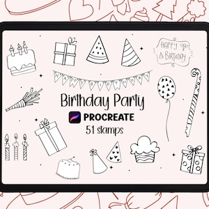 Birthday Procreate Stamps | 50+ Party Stamp Brushes | Celebration Clipart | Bday Doodle Set | Procreate Digital Brush Pack