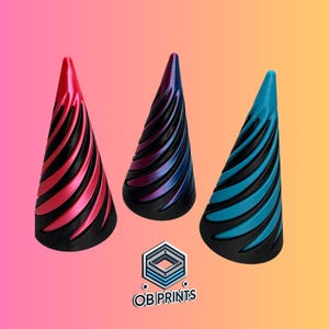 May include: Three 3D printed cone-shaped objects with a spiral design. The cones are pink, purple, and blue.