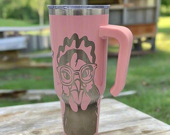 Funny Chicken Tumbler - Pink 40oz Laser Engraved Stainless Steel Cup with Lid and Straw - Farm Gift for Chicken Lovers