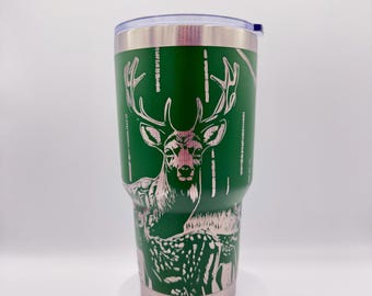 Deer Tumbler - Green Laser Engraved 30oz Stainless Steel Cup with Lid - Buck and Wildlife Scene - Hunting Gift for Men