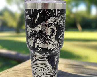 Raccoon Tumbler - 30oz Laser Engraved Stainless Steel Nature Cup with Slide Lid - Wildlife Gift for Animal and Forest Lovers