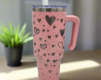 Heart Tumbler - Pink Laser Engraved Stainless Steel Cup with Handle Straw and Slide Lid - Cute Gift for Women and Girls