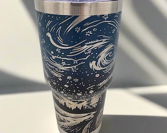 Starry Night Tumbler - Black and Blue Ombre 30oz Laser Engraved Stainless Steel Cup with Stars and Clouds - Artistic Gift for Dreamers