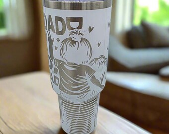 Dad Tumbler - White 40oz Laser Engraved Stainless Steel Cup with Lid and Straw - Girl on Dad’s Shoulders - Father Gift