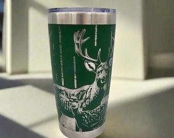 Deer Tumbler - Green Laser Engraved 20oz Stainless Steel Cup with Lid - Buck and Wildlife Scene - Hunting Gift for Men