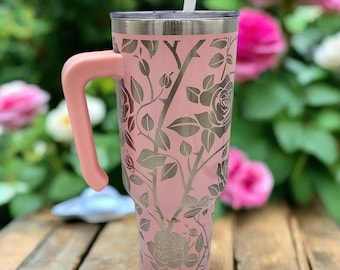 Rose Tumbler - Pink Laser Engraved Stainless Steel Cup with Handle Straw and Slide Lid - Floral Gift for Women