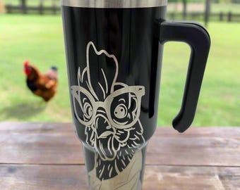 Funny Rooster Tumbler - Black 40oz Laser Engraved Stainless Steel Cup with Lid and Straw - Gift for Chicken Dads and Farmers