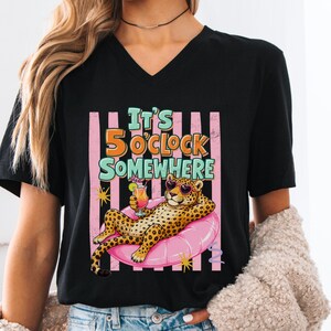 Summer Cruise Shirt Women,Tropical Cocktail Tee, Beach Vacation Outfit,Resort Wear, Funny Leopard Graphic Top,It's 5 O'Clock Somewhere Tee