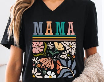 T-shirt mama bloemenprint, cadeau nieuwe moeder, shirt moeder babyshower, T-shirt met korte mouw en V-hals voor Moederdag, retro bloemenshirt boho v-hals