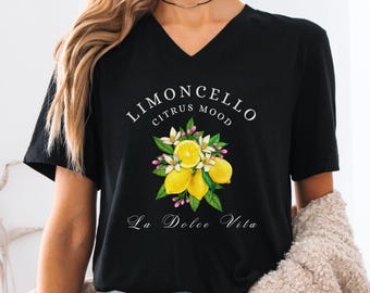 Limoncello Citrus Mode,Italy Cruise Top,Gift for Moms Grandmas Aunt,Lemon Lightweight Travel Shirt,,La Dolce Vita Women’s Summer V‑Neck Tee