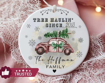 Personalized Family Christmas Ornament,Farm-House Holiday Decor,Tree Haulin' Since Custom Holiday Decor,Rustic Car-Truck Keepsake Ornament