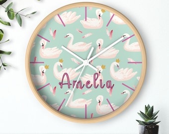 Personalized Swan Nursery Wall Clock,Custom Baby Name Clock for Girl,Soft Teal Swan Nursery Decor,Baby Shower Gift,First Birthday Girl Gift