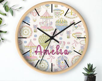 Personalized Carousel Nursery Wall Clock,Custom Name Girls Room Clock Vintage Amusement Park Nursery Decor,Baby Shower Gift,Kids Room Decor