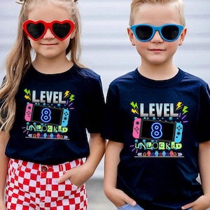 8th B-day Video Game Party Kids T-shirt,8 Year Old Kids B-day Tee,Neon Gaming Theme Party Top, Twin- Boys Girls T-shirt Level 8 Unlocked