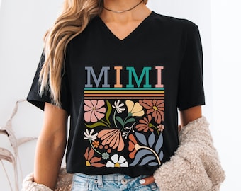 Mimi-oma bloemen T-shirt cadeau, grootmoeder retro-stijl T-shirt met korte mouw, Mimi korte jersey shirt cadeau grootmoeder Mimi verjaardag T-shirt