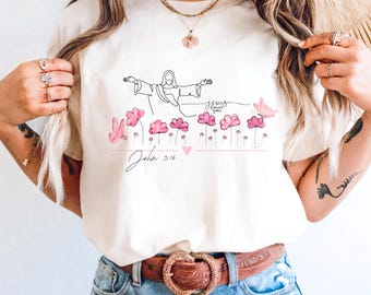 John: 3-16 bijbelvers comfort kleuren T-shirt, Jezus houdt van je zeggen-roze bloemen, christelijk T-shirt met bijbelvers, Jezus shirt cadeau voor vrouw