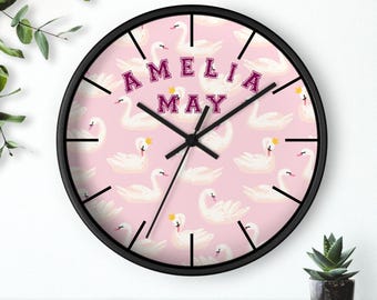 Personalized Swan Nursery Wall Clock | Custom Baby Name Clock for Girl | Pink Swan Nursery Decor | Baby Shower Gift,First Birthday Girl Gift