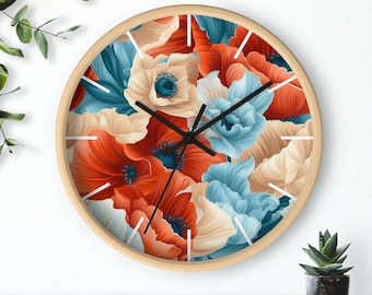 Bloemen wandklok, modern-levendige statementklok, oranje blauwe bloem woondecoratie, moderne huis kunst aan de muur, trendy woonkamer cadeau voor moeder,