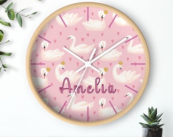 Personalized Swan Nursery Wall Clock,Custom Baby Name Clock for Girl,Pink Swan Nursery Decor,Princess Baby Shower Gift,Birthday Girl Gift