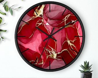 Modern Red Gold Wall Clock | Bold Statement Wall Clock | Contemporary Luxury Home Decor | Minimalist Accent Clock | Elegant Gift for Women
