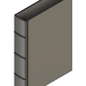 May include: A gray, rectangular binder with a spine that has three raised bands. The binder is closed and has a plain front cover.