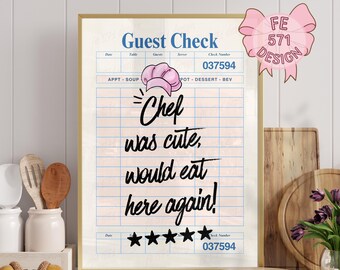 FIVE STARS Chef Was Cute Would Eat Here Again Wall Art | Funny Restaurant Review | Funny Kitchen Wall Art | Cute Girly Kitchen Print JPG