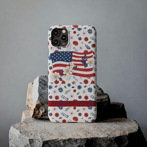 Patriotic Floral Phone Case, Slim Phone Case, USA Flag Case, Fourth of July Gift, Floral Design, Red White Blue Decor