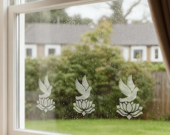 Pigeon and Lotus Flower Etched Vinyl Window Sticker | Glass Awareness | Frosted Visibility Decal