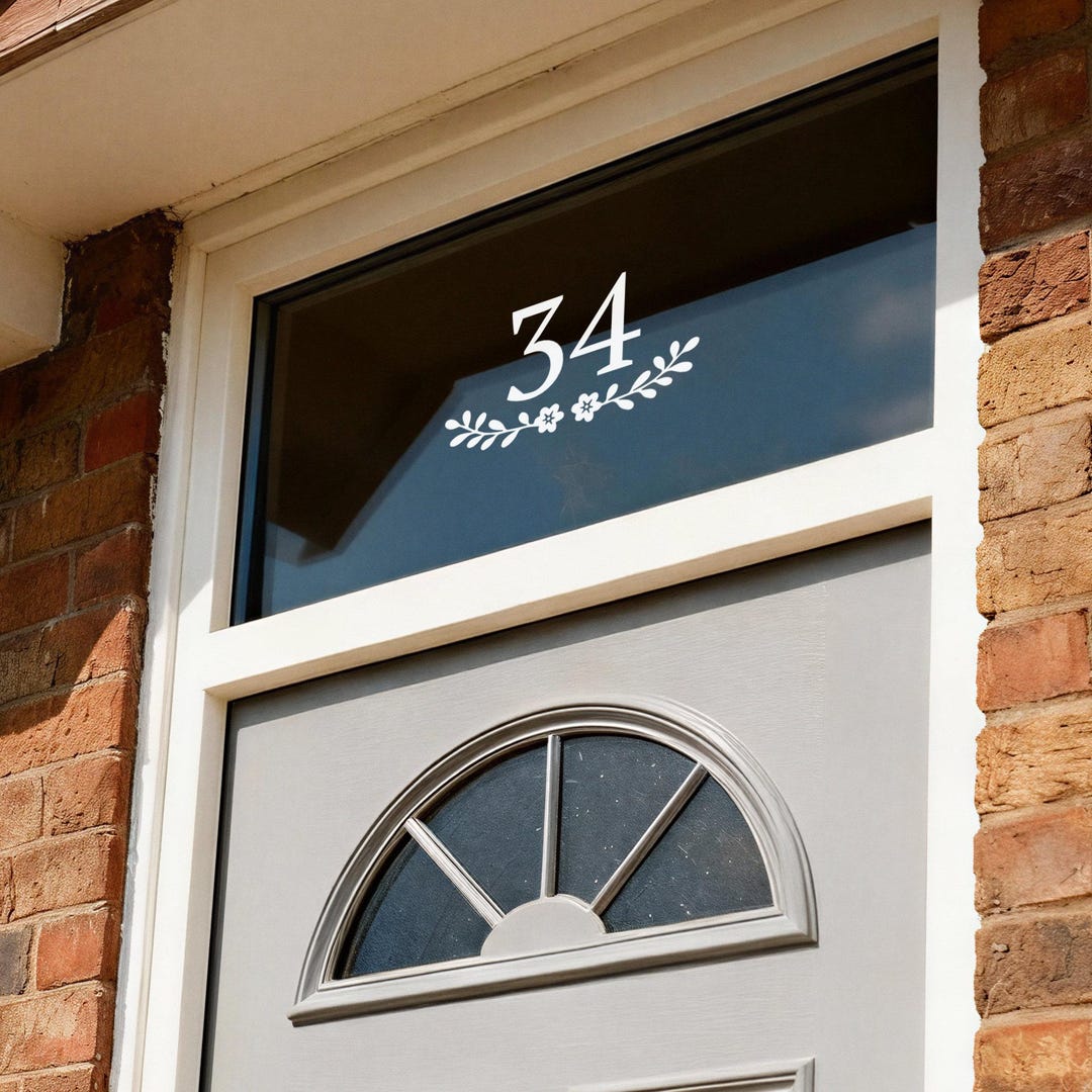 Floral House Number Vinyl Sticker | Custom Transom Window Lettering ...