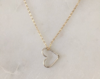 Floating Heart Necklace - Mixed Metal - 14k gold filled - Sterling Silver