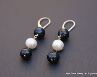 Freshwater Pearl Earrings, Sterling Silver, Navy, White, Leverback Earrings