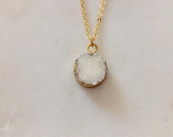 White Druzy Necklace - Druzy Pendant Necklace - Gold Long Necklace - White Stone Necklace