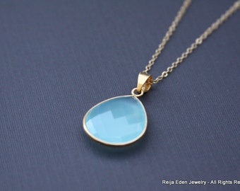 Baby Blue Chalcedony Necklace, Stone, Gold, Simple Every Day Jewelry, Blue Stone Necklace