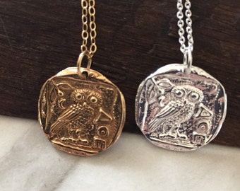 Ancient Coin Necklace, Steeling Silver, 14k Gold Filled, Charm Necklace, Owl Necklace, Greek Mythology Jewelry