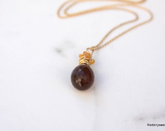 Chalcedony Necklace, Chocolate, Mandarin Garnet, 14K Gold Filled, Wire wrapped